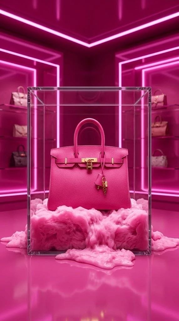 Розовая сумка Birkin как арт-объект в неоновой витрине